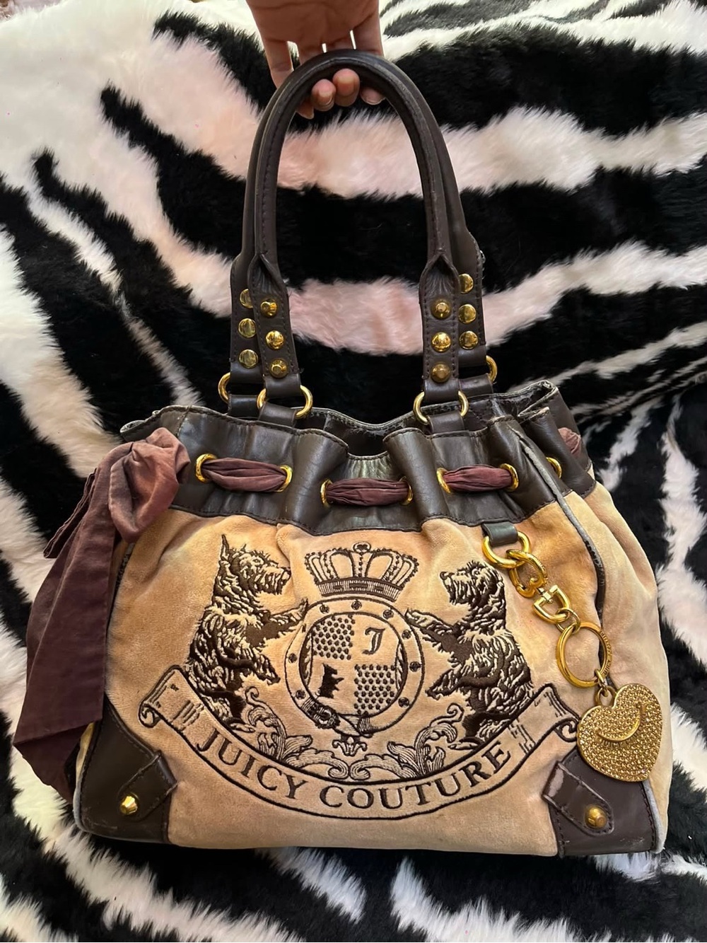 Vintage Juicy Couture Taupe & Brown Suede Logo Daydreamer Bag with Heart Charm